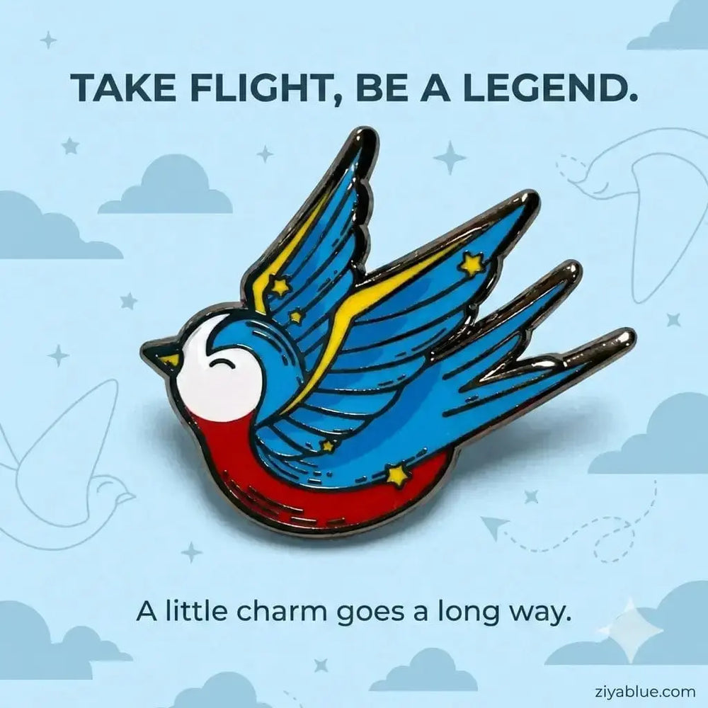 Traditional Swallow Tattoo Pin for Your Jacket Snack Please Ziya Blue