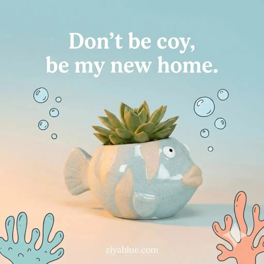 Turquoise Fish Succulent Planter - Mini Stoneware Coastal Pot Abbott Ziya Blue