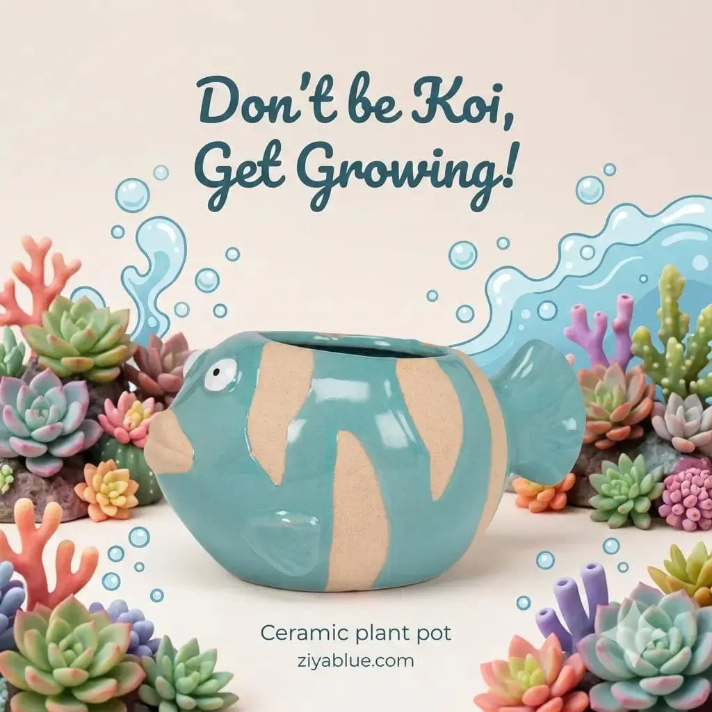 Turquoise Fish Succulent Planter - Mini Stoneware Coastal Pot Abbott Ziya Blue