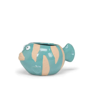 Turquoise Fish Succulent Planter - Mini Stoneware Coastal Pot Abbott Ziya Blue