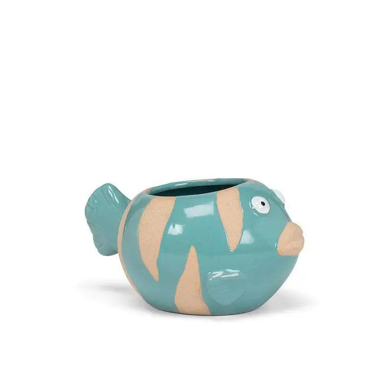 Turquoise Fish Succulent Planter - Mini Stoneware Coastal Pot Abbott Ziya Blue