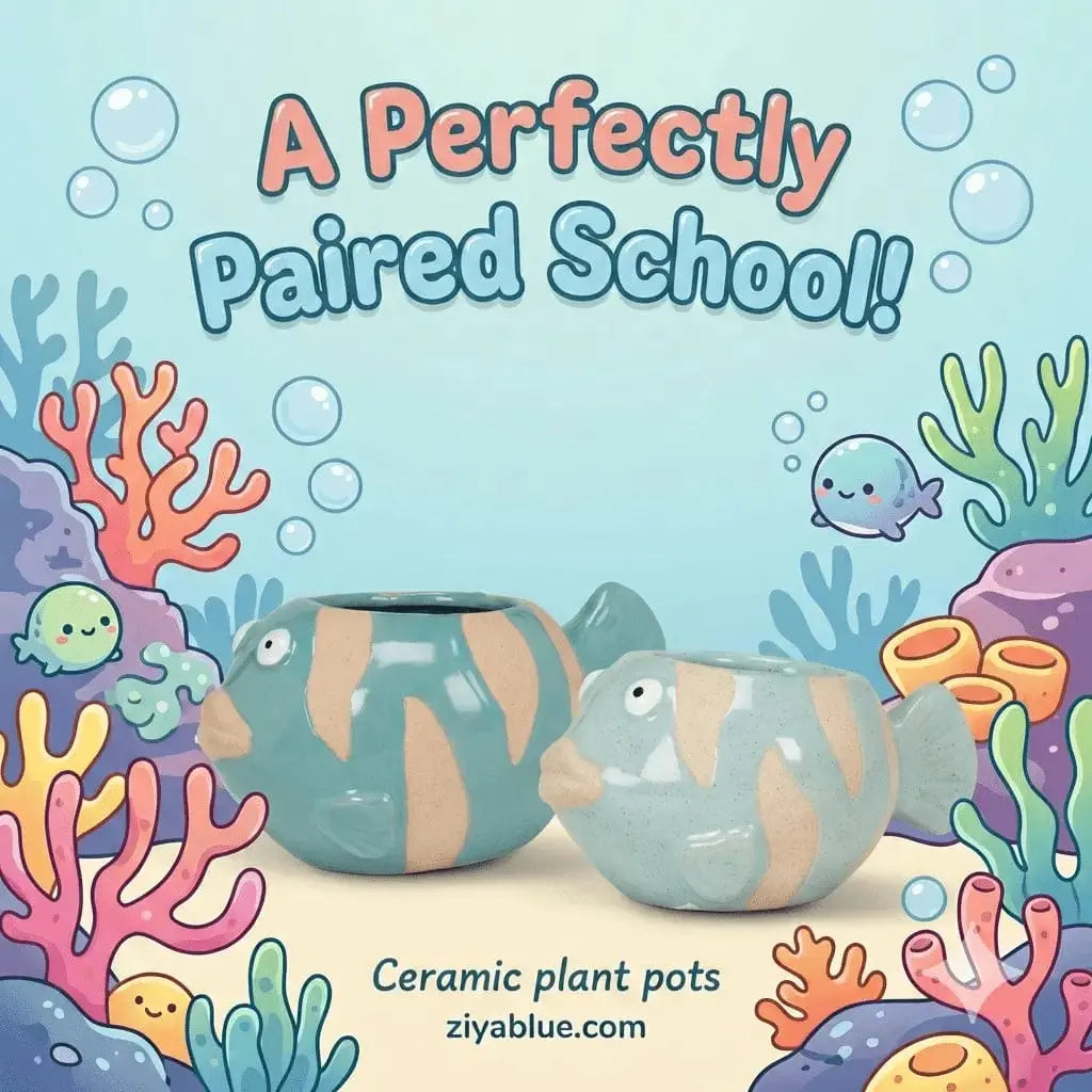 Turquoise Fish Succulent Planter - Mini Stoneware Coastal Pot Abbott Ziya Blue