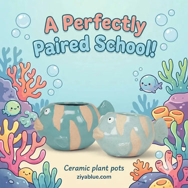 Turquoise Fish Succulent Planter - Mini Stoneware Coastal Pot Abbott Ziya Blue