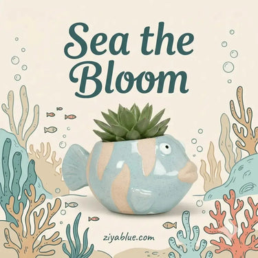 Turquoise Fish Succulent Planter - Mini Stoneware Coastal Pot Abbott Ziya Blue