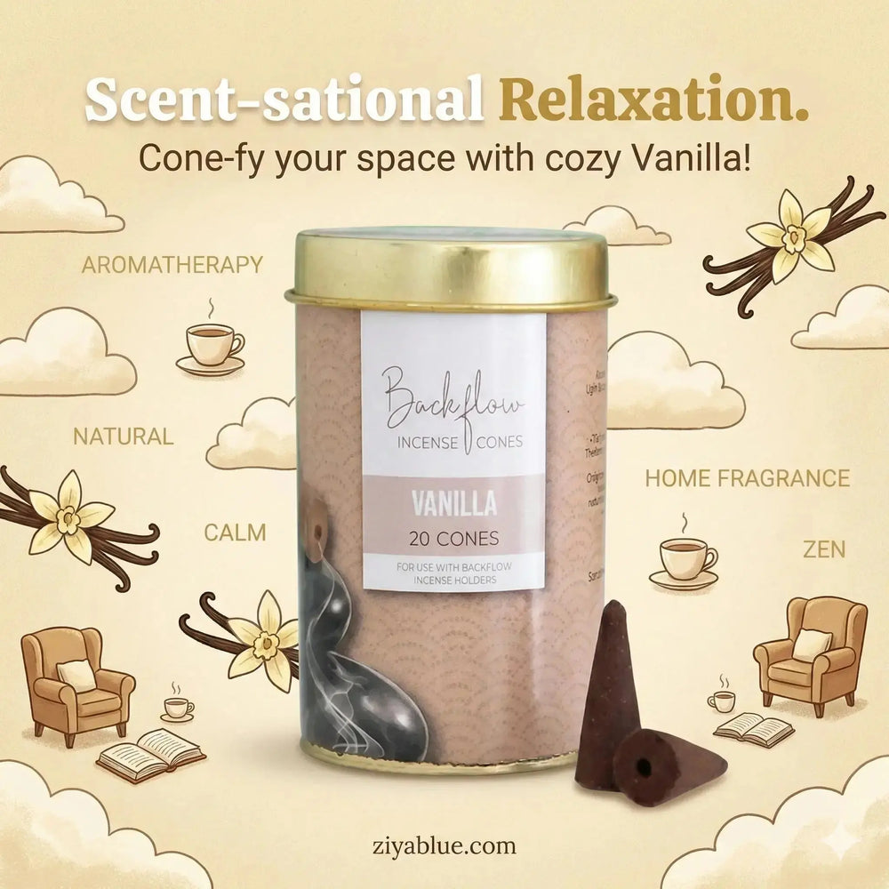 Vanilla Backflow Incense Cones: Calming Scents Faire Ziya Blue