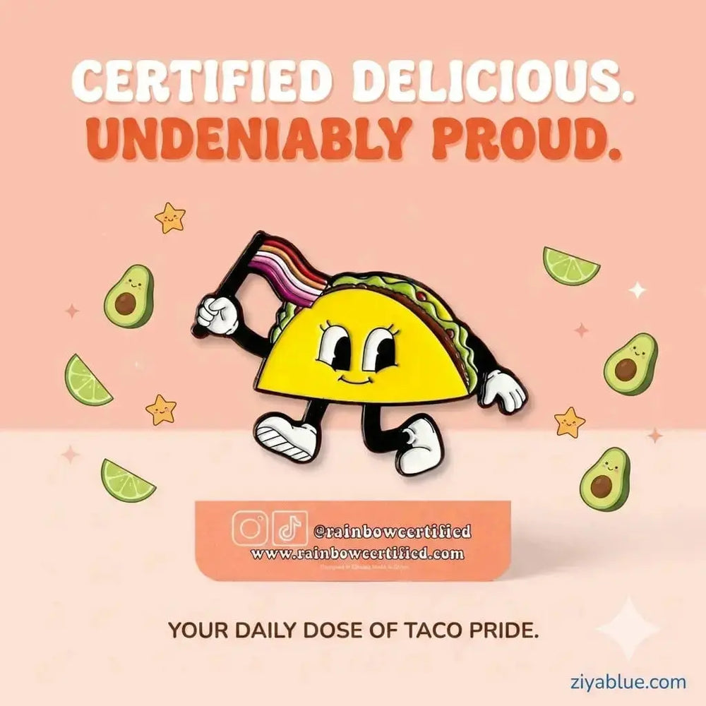 Vintage Cartoon Lesbian Taco Enamel Pin Rainbow Certified Ziya Blue