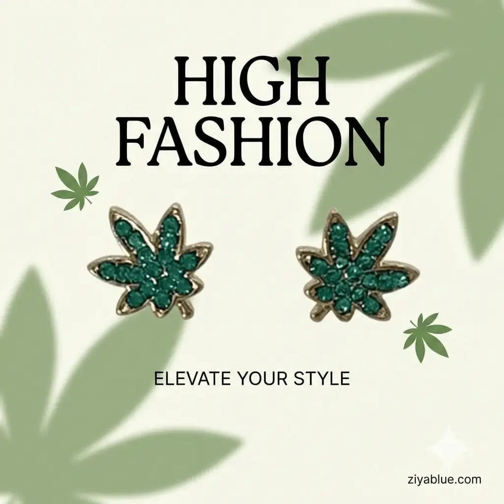 Weed Earrings | Gold Plated Crystal Cannabis Studs Wildflower Co. Ziya Blue