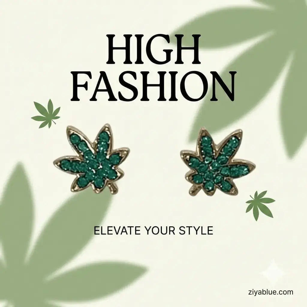 Weed Earrings | Gold Plated Crystal Cannabis Studs Wildflower Co. Ziya Blue