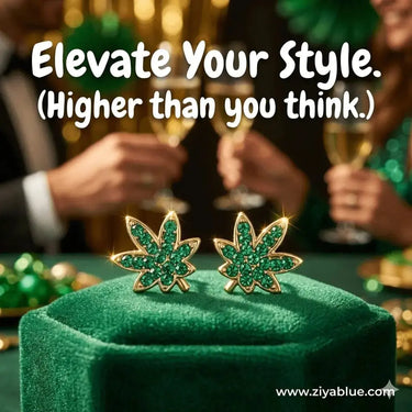 Weed Earrings | Gold Plated Crystal Cannabis Studs Wildflower Co. Ziya Blue