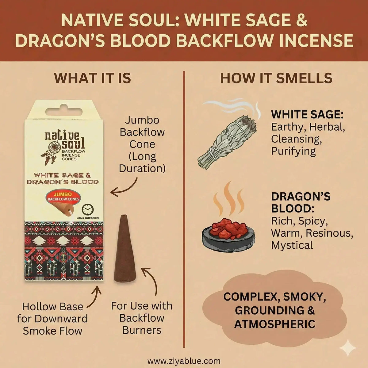 White Sage Dragons Blood Backflow Cones: Native Soul Incense  Ziya Blue
