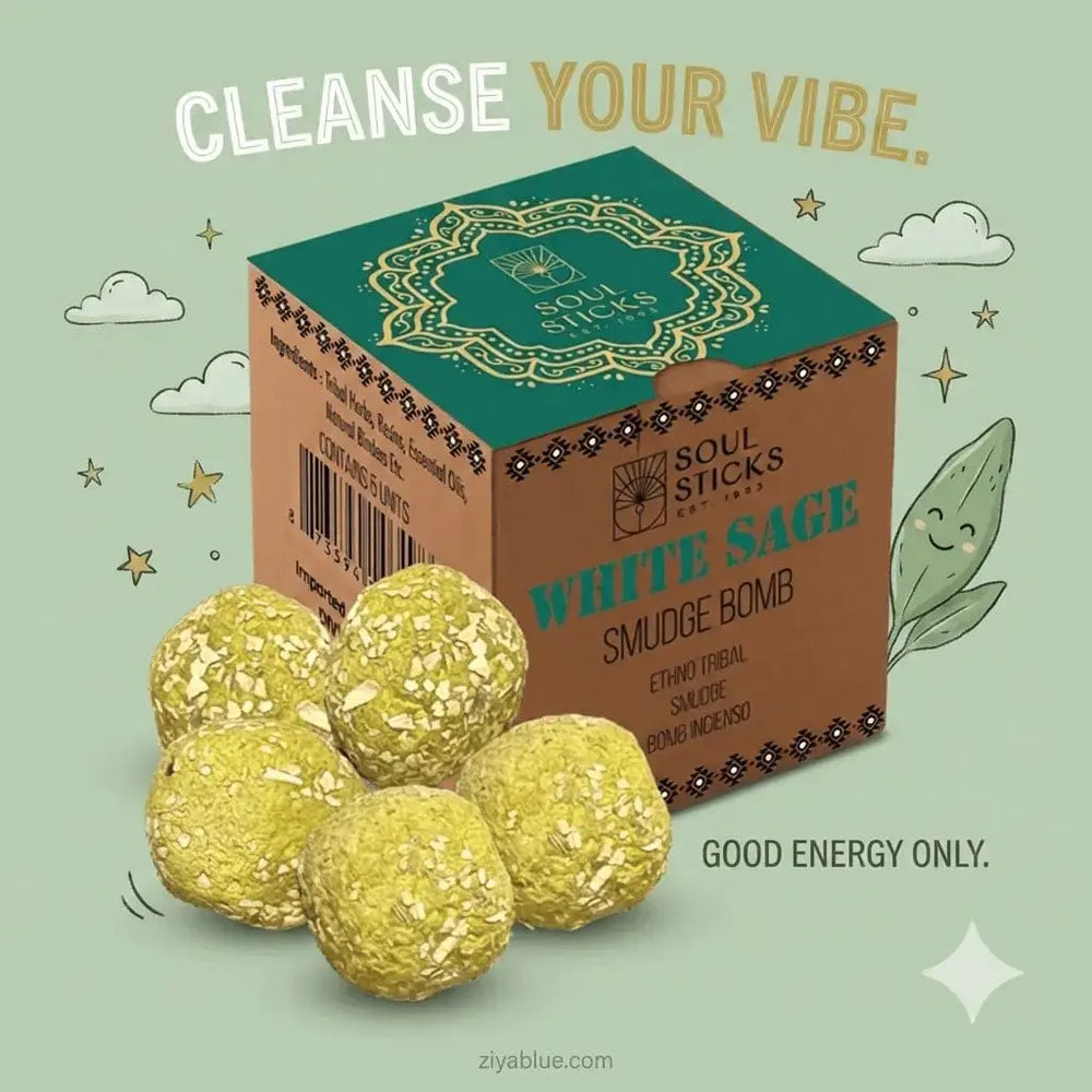 White Sage Smudge Bombs | Authentic 5-Piece Cleansing Set & Burner Designs by Deekay Inc. Ziya Blue