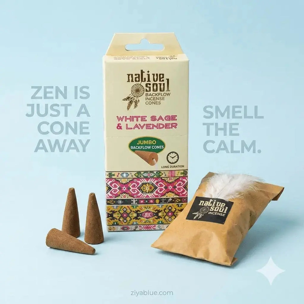 White Sage & Lavender Backflow Cones | Native Soul Jumbo Incense Kheops International Ziya Blue