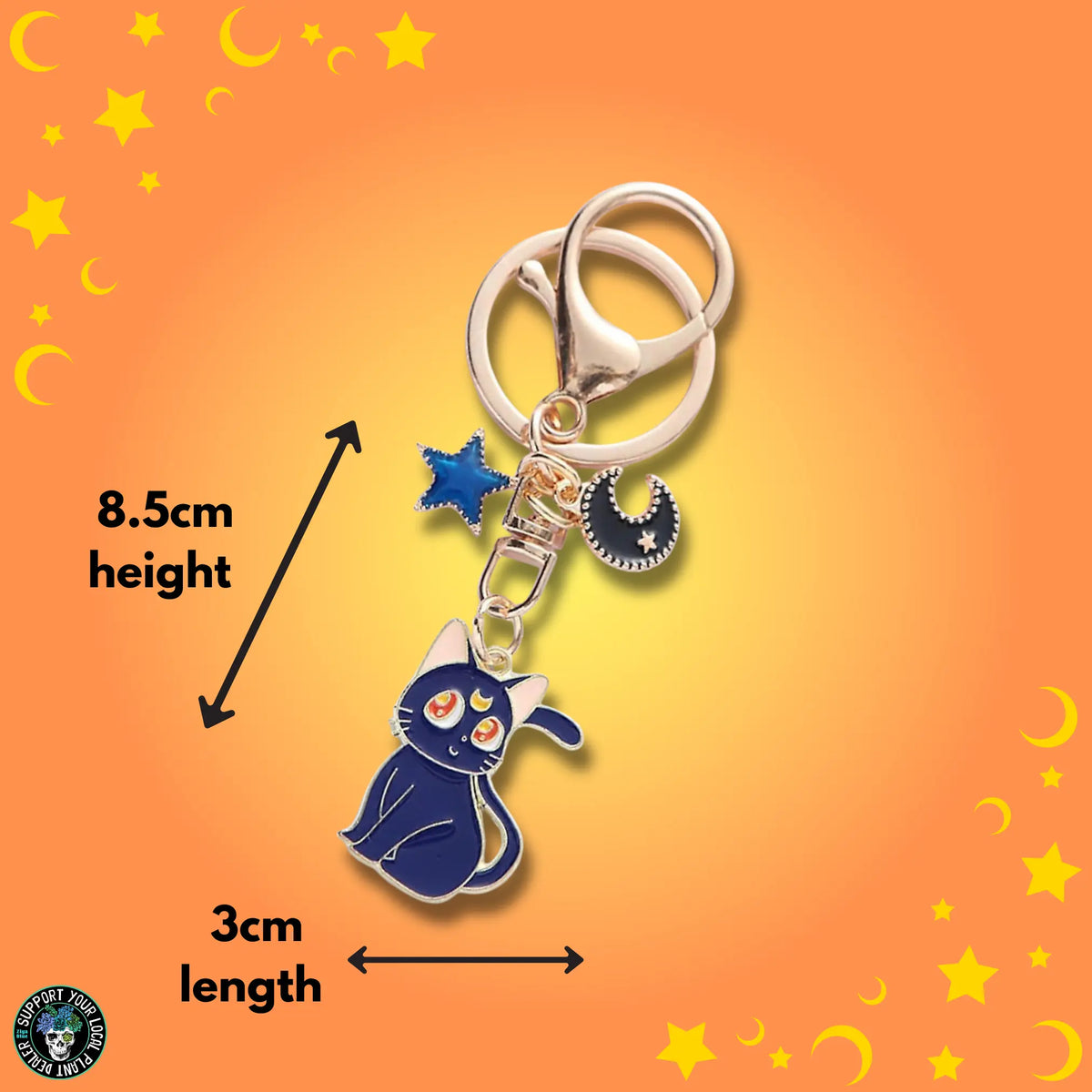 Witchy Cat Enamel Keychain - Kawaii Kitten Moon Pendant  Ziya Blue