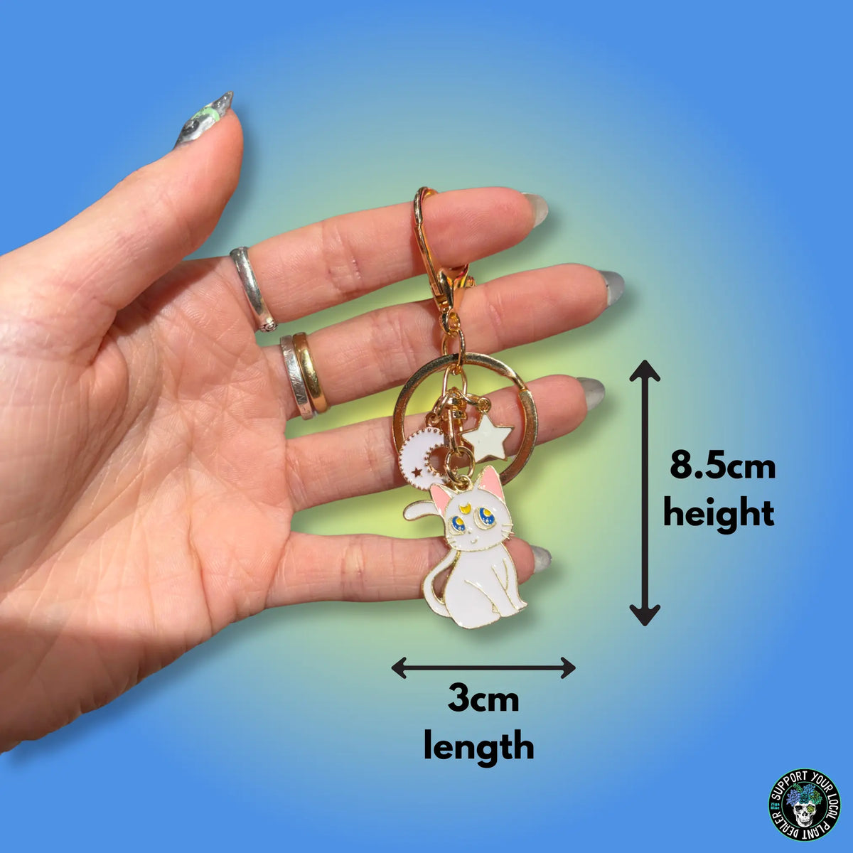 Witchy Cat Enamel Keychain - Kawaii Kitten Moon Pendant  Ziya Blue