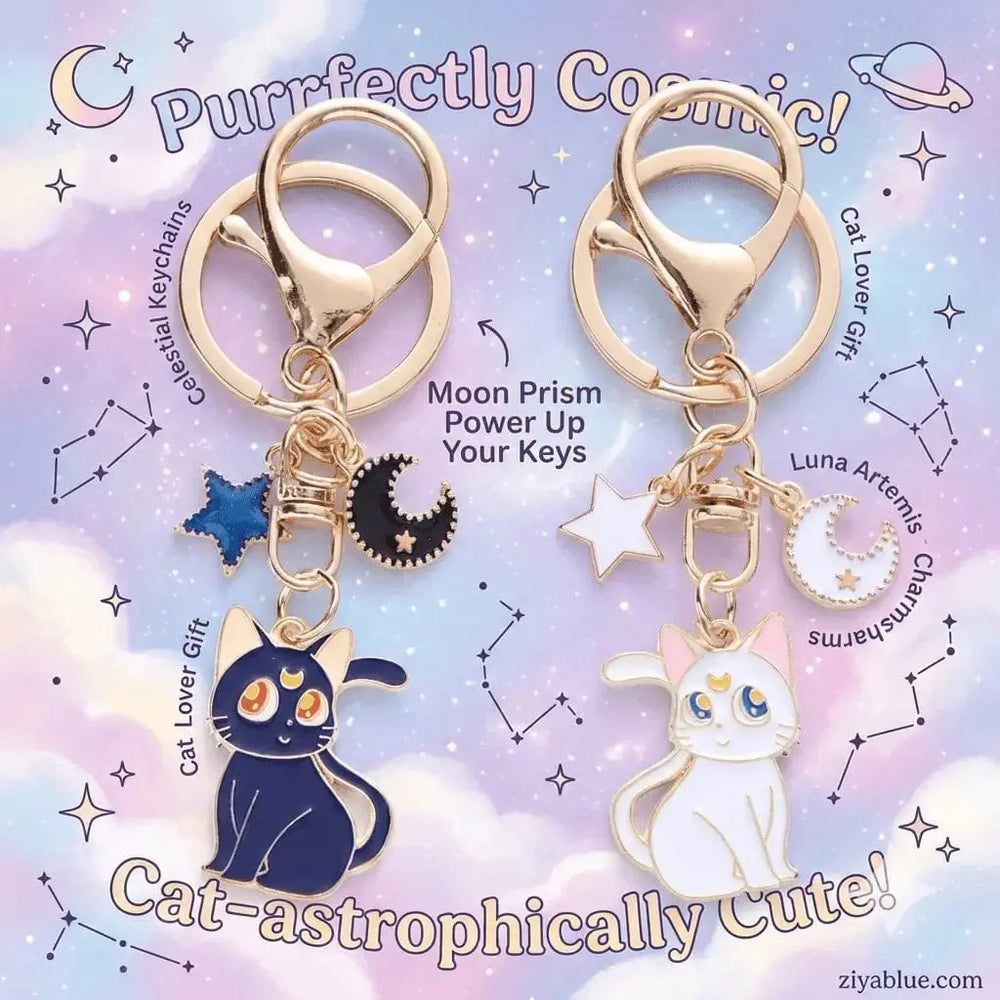 Witchy Cat Enamel Keychain - Kawaii Kitten Moon Pendant Ziya Blue Ziya Blue