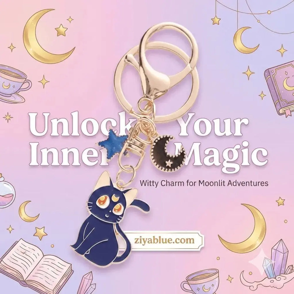 Witchy Cat Enamel Keychain - Kawaii Kitten Moon Pendant Ziya Blue Ziya Blue