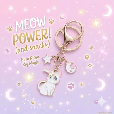 Witchy Cat Enamel Keychain - Kawaii Kitten Moon Pendant Ziya Blue Ziya Blue