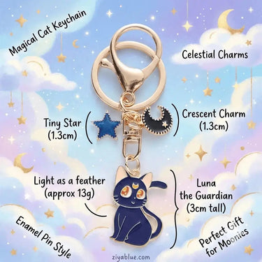 Witchy Cat Enamel Keychain - Kawaii Kitten Moon Pendant Ziya Blue Ziya Blue