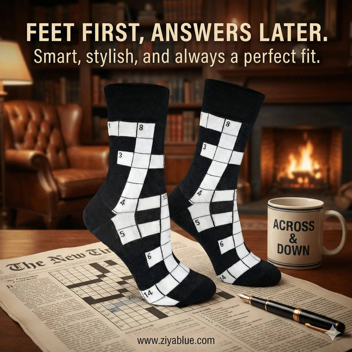 Women's Crossword Puzzle Socks: Brainy Style Good Luck Sock Ziya Blue