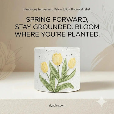 Yellow Tulip Cement Planter - Floral Sculpted Spring Pot Abbott Ziya Blue
