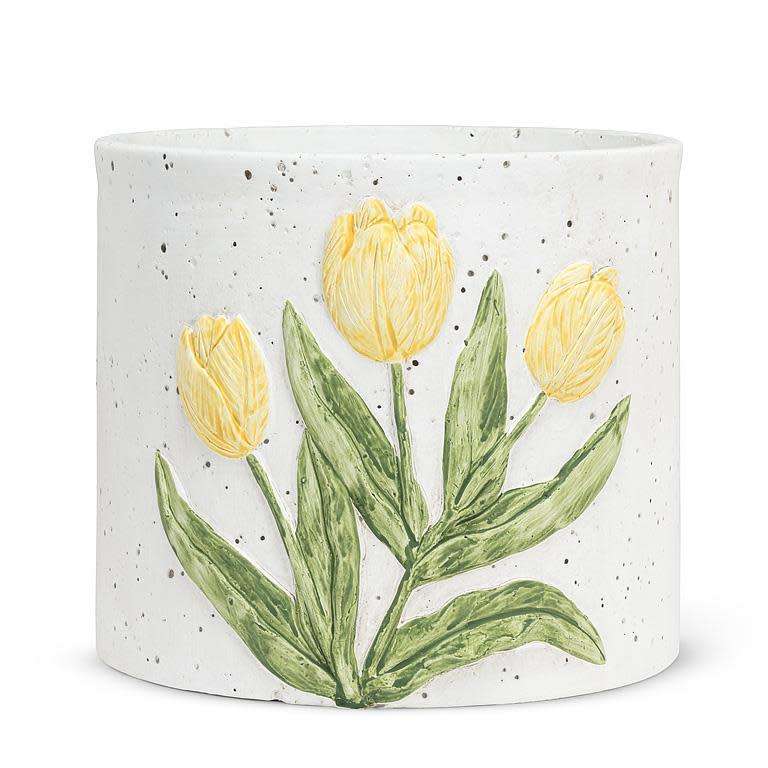 Yellow Tulip Cement Planter - Floral Sculpted Spring Pot Abbott Ziya Blue