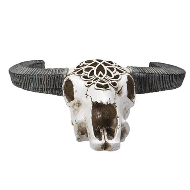 LED Carved Cow Skull with Round Horns | Boho Gothic Decor