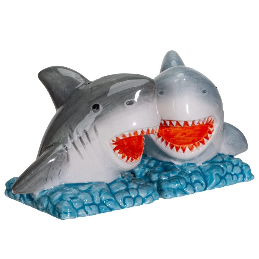 Shark Attack Salt and Pepper Shakers | Ceramic Shark S&P Set & Nautical Kitchen Decor