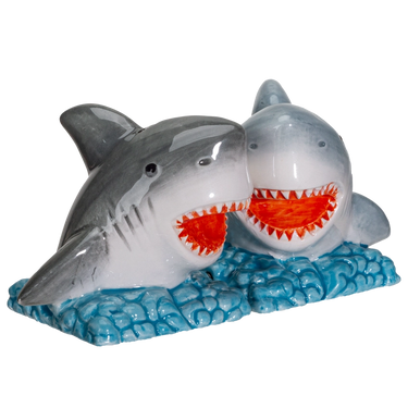 Shark Attack Salt and Pepper Shakers | Ceramic Shark S&P Set & Nautical Kitchen Decor