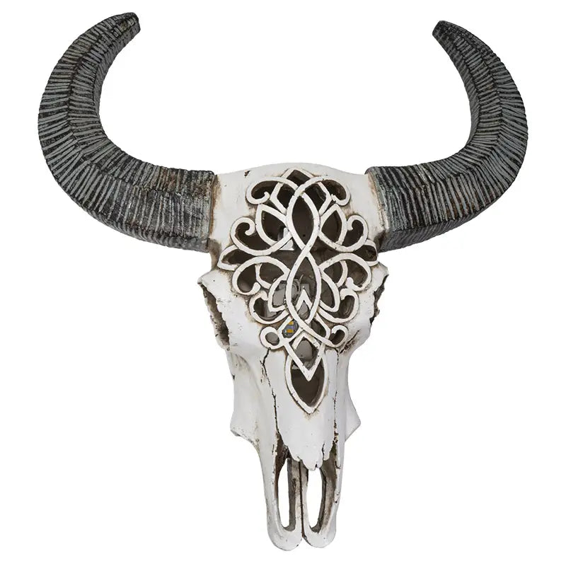 LED Carved Cow Skull with Round Horns | Boho Gothic Decor