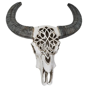LED Carved Cow Skull with Round Horns | Boho Gothic Decor