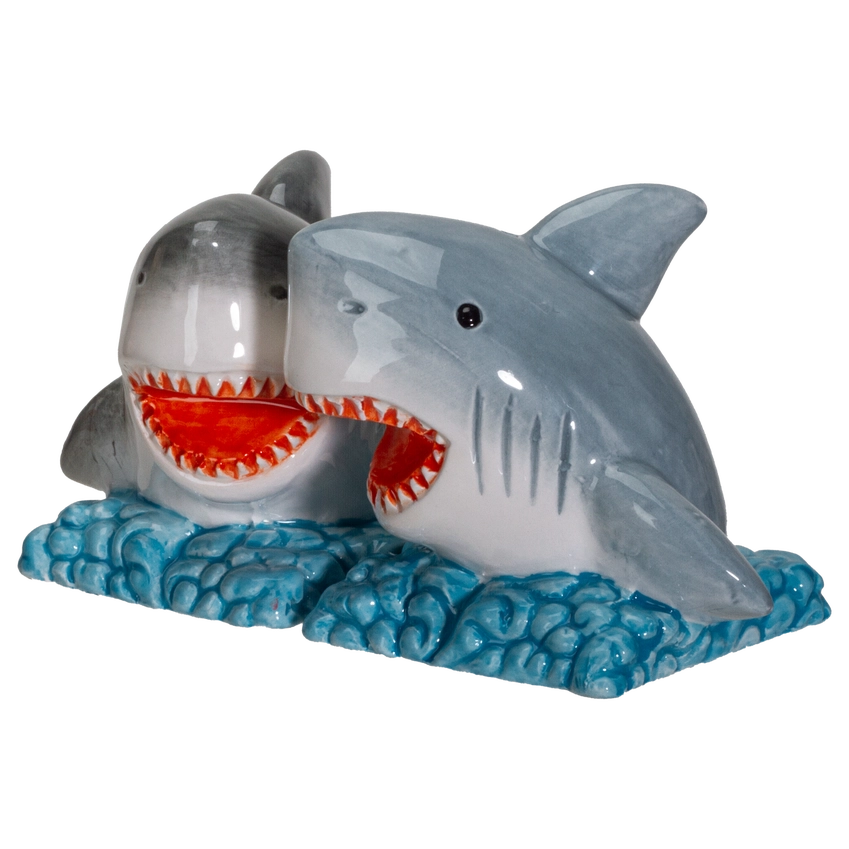 Shark Attack Salt and Pepper Shakers | Ceramic Shark S&P Set & Nautical Kitchen Decor